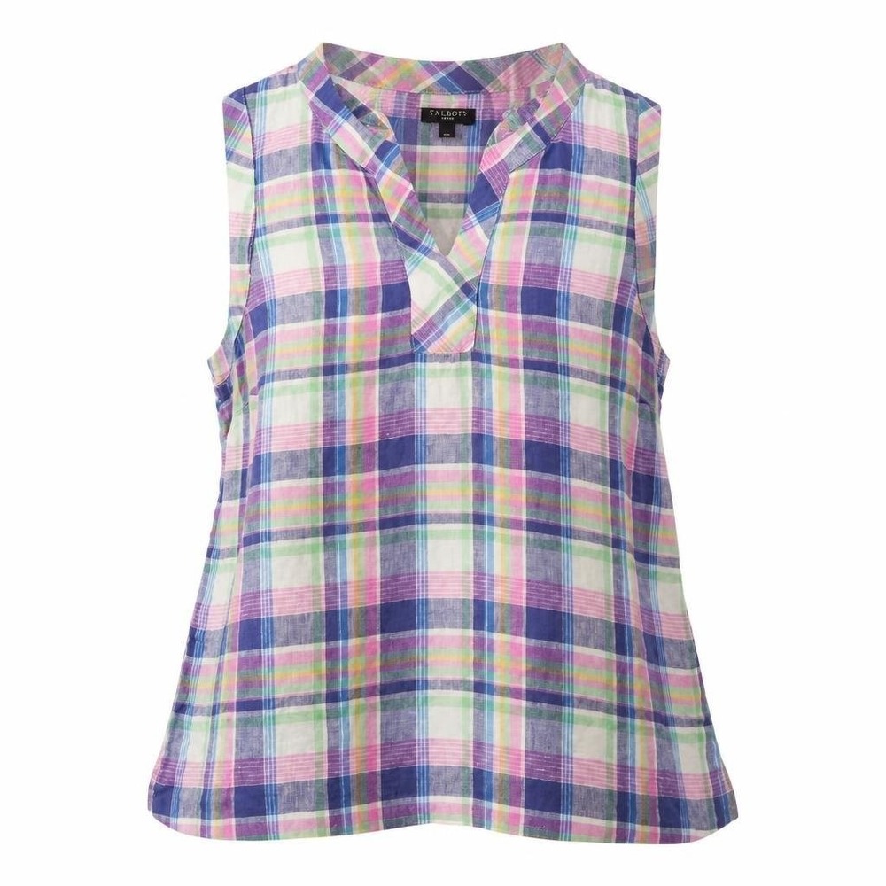 Talbots Tank Womens L Petite Plaid 100% Linen Sleeveless Top Casual Normcore